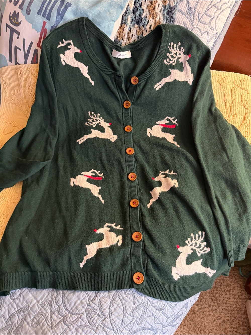 PREOWNED CJ Banks Women’s Green Reindeer Button-Up Sweater Cardigan Size L-XL
